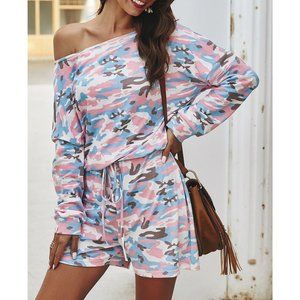 NWT Pink Camo Boatneck Dolman Drawstring Romper